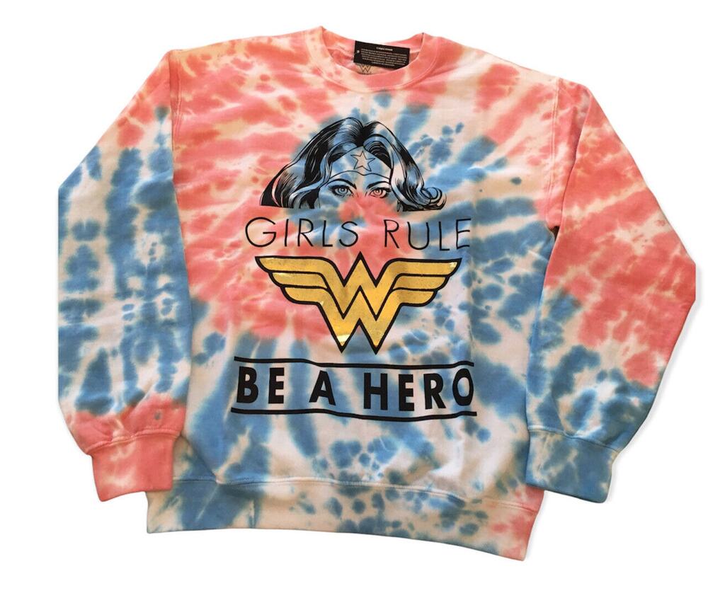 Medium Womens Wonder Woman Pink Blue Tie Dye "Girls Rule" Sweatshirt New